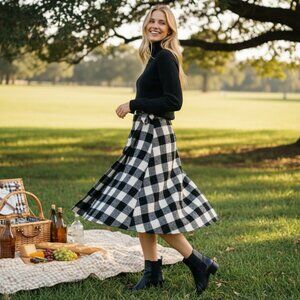 Pomander Place Buffalo Check Knit A Line Midi Skirt Black White Size L